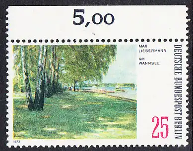 BERLIN 1972 Michel-Nummer 424 postfrisch EINZELMARKE RAND oben (a) - Gemälde: Berliner Landschaften - Am Wanrisee