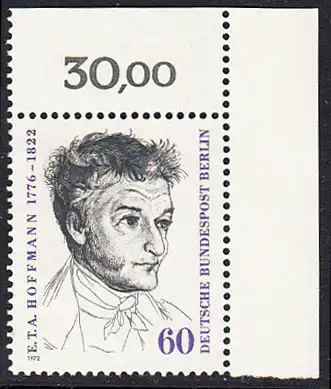 BERLIN 1972 Michel-Nummer 426 postfrisch EINZELMARKE ECKRAND oben rechts - Ernst Theodor Wilhelm (Amadeus) Hoffmann, Schriftsteller