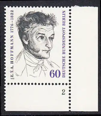 BERLIN 1972 Michel-Nummer 426 postfrisch EINZELMARKE ECKRAND unten rechts (b) - Ernst Theodor Wilhelm (Amadeus) Hoffmann, Schriftsteller