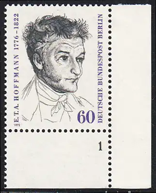 BERLIN 1972 Michel-Nummer 426 postfrisch EINZELMARKE ECKRAND unten rechts (a) - Ernst Theodor Wilhelm (Amadeus) Hoffmann, Schriftsteller
