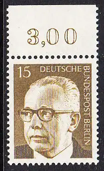 BERLIN 1972 Michel-Nummer 427 postfrisch EINZELMARKE RAND oben (a) - Bundespräsident Dr. Gustav Heinemann