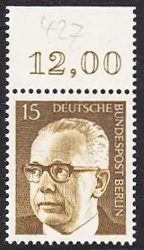 BERLIN 1972 Michel-Nummer 427 postfrisch EINZELMARKE RAND oben (e) - Bundespräsident Dr. Gustav Heinemann