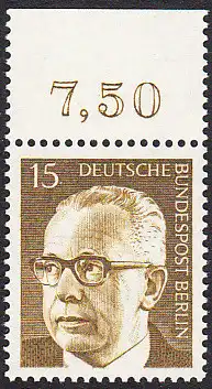 BERLIN 1972 Michel-Nummer 427 postfrisch EINZELMARKE RAND oben (d) - Bundespräsident Dr. Gustav Heinemann