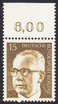 BERLIN 1972 Michel-Nummer 427 postfrisch EINZELMARKE RAND oben (c) - Bundespräsident Dr. Gustav Heinemann