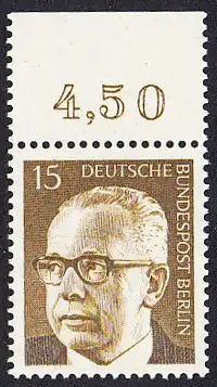 BERLIN 1972 Michel-Nummer 427 postfrisch EINZELMARKE RAND oben (b) - Bundespräsident Dr. Gustav Heinemann