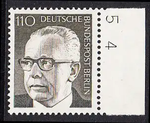 BERLIN 1972 Michel-Nummer 428 postfrisch EINZELMARKE RAND rechts (b) - Bundespräsident Dr. Gustav Heinemann