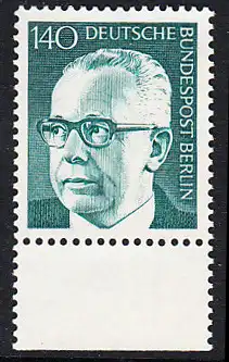 BERLIN 1972 Michel-Nummer 430 postfrisch EINZELMARKE RAND unten - Bundespräsident Dr. Gustav Heinemann