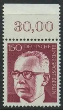 BERLIN 1972 Michel-Nummer 431 postfrisch EINZELMARKE RAND oben (a) - Bundespräsident Dr. Gustav Heinemann