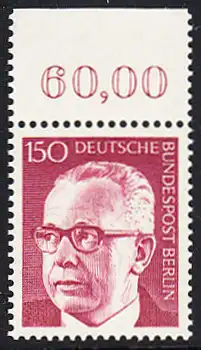 BERLIN 1972 Michel-Nummer 431 postfrisch EINZELMARKE RAND oben (b) - Bundespräsident Dr. Gustav Heinemann