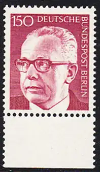 BERLIN 1972 Michel-Nummer 431 postfrisch EINZELMARKE RAND unten - Bundespräsident Dr. Gustav Heinemann