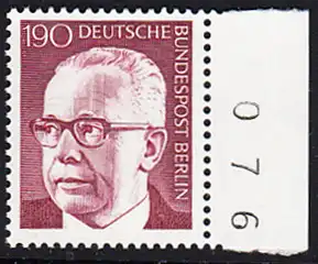 BERLIN 1972 Michel-Nummer 433 postfrisch EINZELMARKE RAND rechts (b) - Bundespräsident Dr. Gustav Heinemann