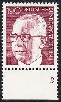 BERLIN 1972 Michel-Nummer 433 postfrisch EINZELMARKE RAND unten (BZ) - Bundespräsident Dr. Gustav Heinemann