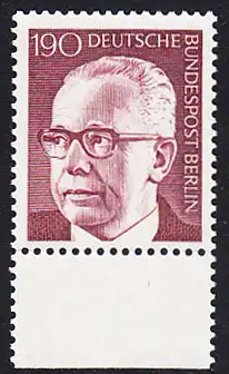 BERLIN 1972 Michel-Nummer 433 postfrisch EINZELMARKE RAND unten - Bundespräsident Dr. Gustav Heinemann