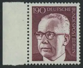 BERLIN 1972 Michel-Nummer 433 postfrisch EINZELMARKE RAND links - Bundespräsident Dr. Gustav Heinemann