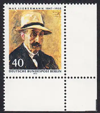 BERLIN 1972 Michel-Nummer 434 postfrisch EINZELMARKE ECKRAND unten rechts - Max Liebermann, Maler und Grafiker