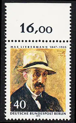 BERLIN 1972 Michel-Nummer 434 postfrisch EINZELMARKE RAND oben (f) - Max Liebermann, Maler und Grafiker
