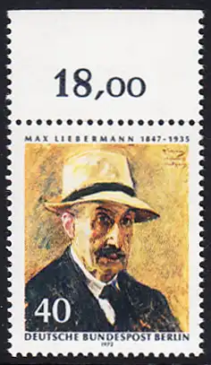 BERLIN 1972 Michel-Nummer 434 postfrisch EINZELMARKE RAND oben (g) - Max Liebermann, Maler und Grafiker
