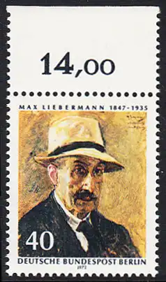 BERLIN 1972 Michel-Nummer 434 postfrisch EINZELMARKE RAND oben (e) - Max Liebermann, Maler und Grafiker
