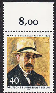 BERLIN 1972 Michel-Nummer 434 postfrisch EINZELMARKE RAND oben (c) - Max Liebermann, Maler und Grafiker