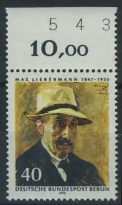 BERLIN 1972 Michel-Nummer 434 postfrisch EINZELMARKE RAND oben (d) - Max Liebermann, Maler und Grafiker