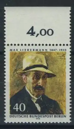 BERLIN 1972 Michel-Nummer 434 postfrisch EINZELMARKE RAND oben (a) - Max Liebermann, Maler und Grafiker