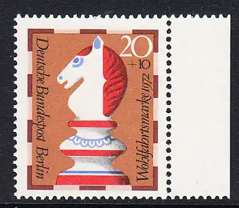 BERLIN 1972 Michel-Nummer 435 postfrisch EINZELMARKE RAND rechts - Schachfiguren: Springer