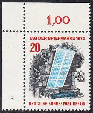 BERLIN 1972 Michel-Nummer 439 postfrisch EINZELMARKE ECKRAND oben links - Tag der Briefmarke