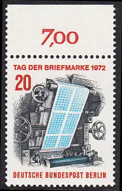 BERLIN 1972 Michel-Nummer 439 postfrisch EINZELMARKE RAND oben (f) - Tag der Briefmarke