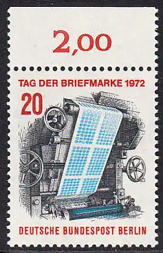 BERLIN 1972 Michel-Nummer 439 postfrisch EINZELMARKE RAND oben (a) - Tag der Briefmarke