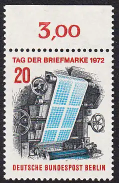 BERLIN 1972 Michel-Nummer 439 postfrisch EINZELMARKE RAND oben (b) - Tag der Briefmarke