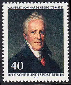 BERLIN 1972 Michel-Nummer 440 postfrisch EINZELMARKE - Karl August Fürst von Hardenberg, preuß. Staatsmann
