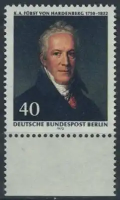 BERLIN 1972 Michel-Nummer 440 postfrisch EINZELMARKE RAND unten - Karl August Fürst von Hardenberg, preuß. Staatsmann