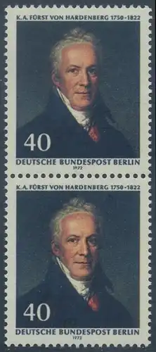 BERLIN 1972 Michel-Nummer 440 postfrisch vert.PAAR - Karl August Fürst von Hardenberg, preuß. Staatsmann