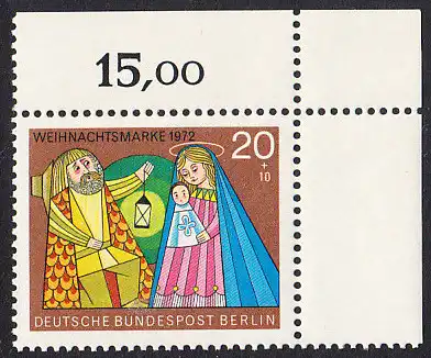 BERLIN 1972 Michel-Nummer 441 postfrisch EINZELMARKE ECKRAND oben rechts - Weihnachten