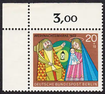 BERLIN 1972 Michel-Nummer 441 postfrisch EINZELMARKE ECKRAND oben links - Weihnachten