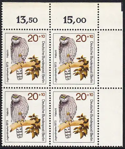 BERLIN 1973 Michel-Nummer 442 postfrisch BLOCK ECKRAND oben rechts - Greifvögel: Habicht