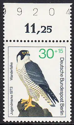 BERLIN 1973 Michel-Nummer 443 postfrisch EINZELMARKE RAND oben (BZ) - Greifvögel: Wanderfalke