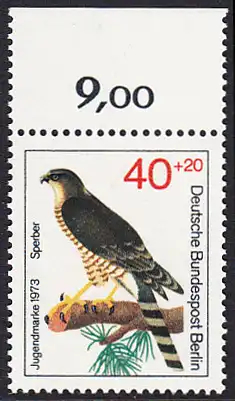 BERLIN 1973 Michel-Nummer 444 postfrisch EINZELMARKE RAND oben - Greifvögel: Sperber
