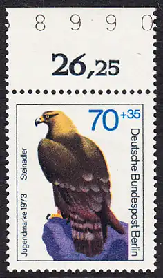 BERLIN 1973 Michel-Nummer 445 postfrisch EINZELMARKE RAND oben (BZ) - Greifvögel: Steinadler