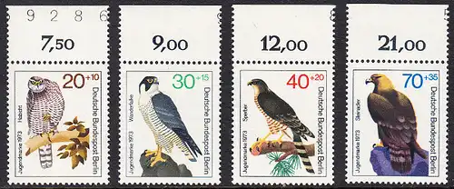 BERLIN 1973 Michel-Nummer 442-445 postfrisch SATZ(4) EINZELMARKEN RÄNDER oben (c) - Greifvögel