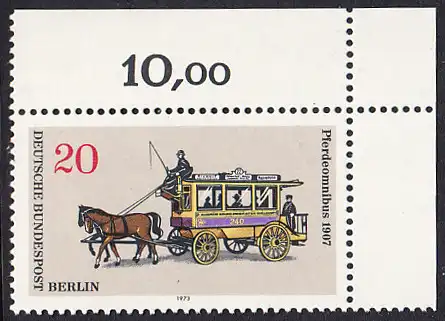 BERLIN 1973 Michel-Nummer 446 postfrisch EINZELMARKE ECKRAND oben rechts - Berliner Verkehrsmittel: Omnibusse, Pferdeomnibus