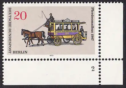 BERLIN 1973 Michel-Nummer 446 postfrisch EINZELMARKE ECKRAND unten rechts (FN) - Berliner Verkehrsmittel: Omnibusse, Pferdeomnibus