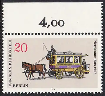 BERLIN 1973 Michel-Nummer 446 postfrisch EINZELMARKE RAND oben (a) - Berliner Verkehrsmittel: Omnibusse, Pferdeomnibus