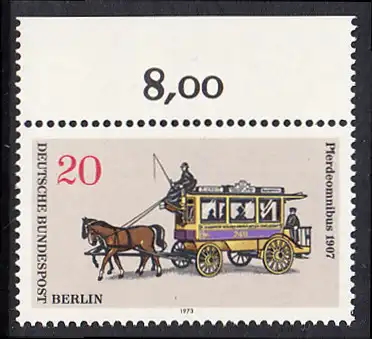 BERLIN 1973 Michel-Nummer 446 postfrisch EINZELMARKE RAND oben (b) - Berliner Verkehrsmittel: Omnibusse, Pferdeomnibus