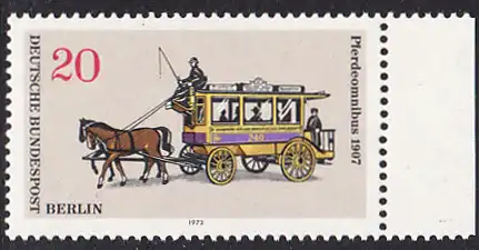 BERLIN 1973 Michel-Nummer 446 postfrisch EINZELMARKE RAND rechts - Berliner Verkehrsmittel: Omnibusse, Pferdeomnibus