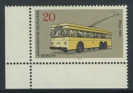 BERLIN 1973 Michel-Nummer 447 postfrisch EINZELMARKE ECKRAND unten links - Berliner Verkehrsmittel: Omnibusse, Obus