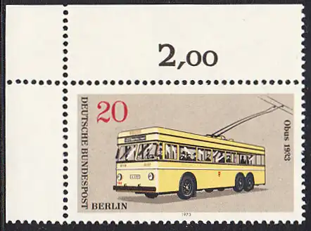 BERLIN 1973 Michel-Nummer 447 postfrisch EINZELMARKE ECKRAND oben links - Berliner Verkehrsmittel: Omnibusse, Obus