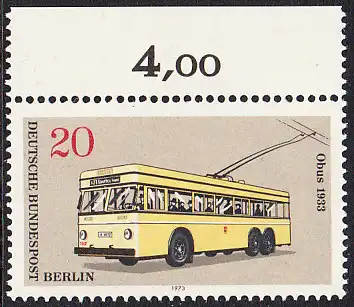 BERLIN 1973 Michel-Nummer 447 postfrisch EINZELMARKE RAND oben (a) - Berliner Verkehrsmittel: Omnibusse, Obus