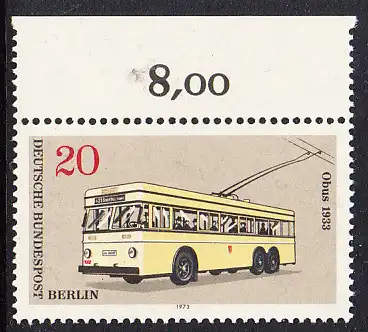 BERLIN 1973 Michel-Nummer 447 postfrisch EINZELMARKE RAND oben (b) - Berliner Verkehrsmittel: Omnibusse, Obus