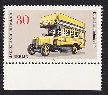 BERLIN 1973 Michel-Nummer 448 postfrisch EINZELMARKE RAND unten - Berliner Verkehrsmittel: Omnibusse, Decksitzautobus